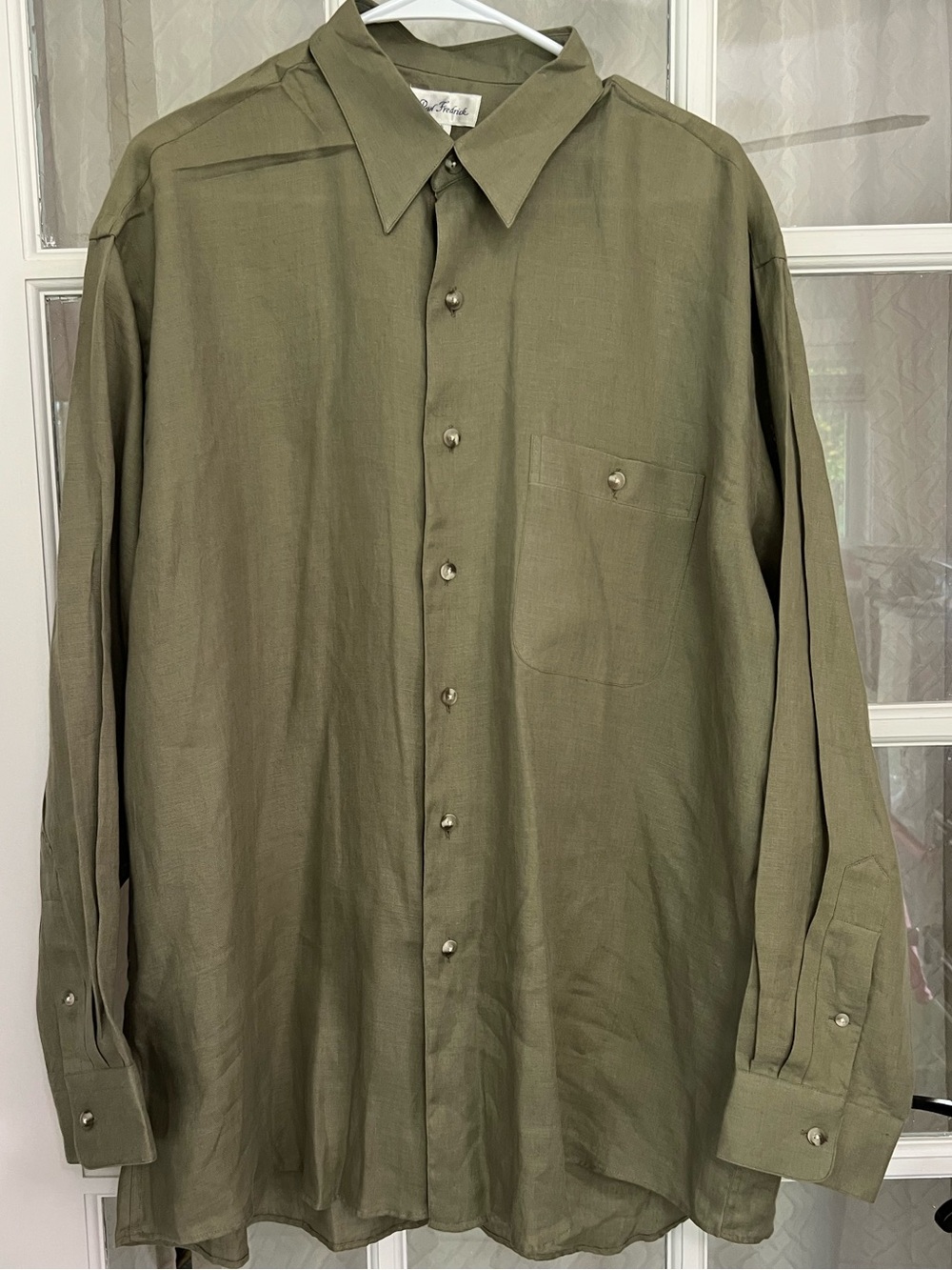 Paul Fredrick Dress Shirt L Button Down 100% Linen Green Long Sleeve Wedding